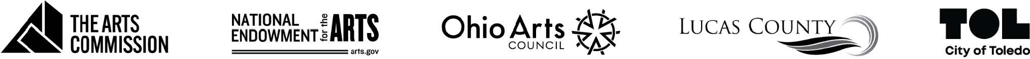 Logos of ARPA local partners: The Arts Commission, Lucas County Commissioners and City of Toledo with additional support from the National Endowment for the Arts and Ohio Arts Council