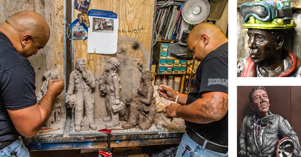 Artist Kyle and Kelly Phelps at work in their studio plus close ups of two of their blue collar worker statues