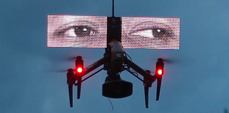 Scene from the film Art of Unwar shows flying drone with eyes superimposed