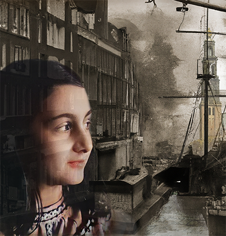Image of Anne Frank overlooking scenes of World War II