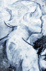 "Blue Woman" art drawing, left profile of woman's head, neck and shoulder