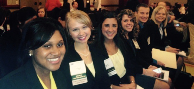 L to R:  Undergraduate Team (Shannon Veasley, Christina Koepke, and Taylor Juza) and Graduate Team (Chrissy Sarantou, Kyle Schaefer, and Stacey Koehn) ready to compete in the HR Case Competition in Covington, KY.