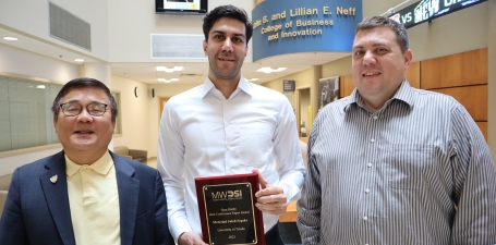 A research team comprised of the Neff College's Mehrdad Jalali Sepehr, a Ph.D. student (middle), along with Dr. Benjamin George (right), Assistant Professor of Information Systems and Supply Chain Management and Dr. Paul Hong, Distinguished University Professor of Operations Management and Asian Studies Program, has been honored with the Stan Hardy Best Conference Paper Award at the 2023 Midwest Decision Science Institute Conference.