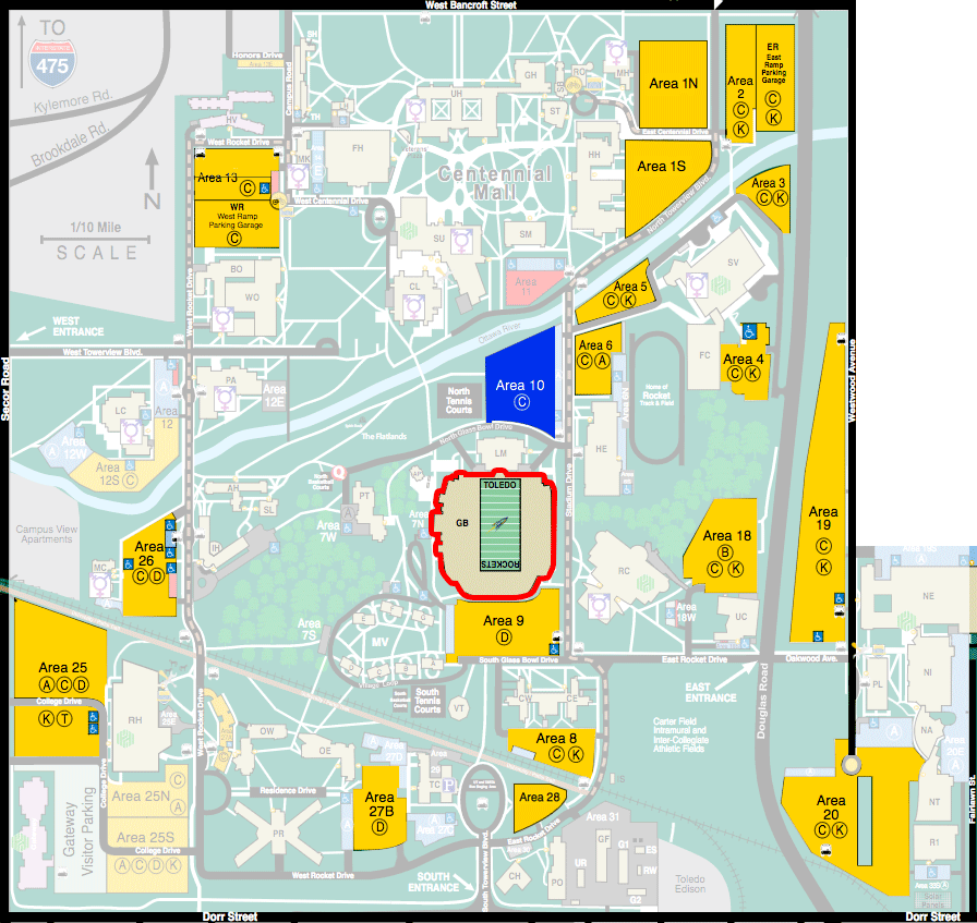 Graphic of main campus with parking lots highlighted.