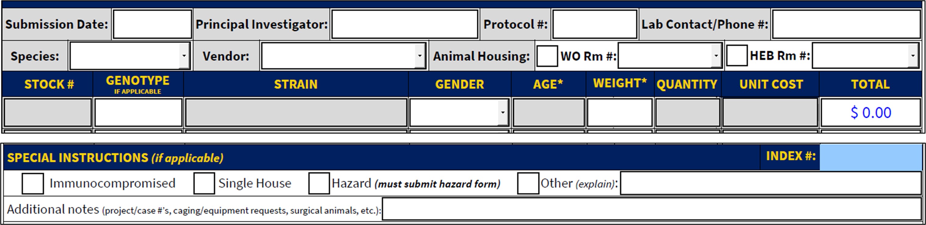 Image of the required fields on the Animal Requisition Form