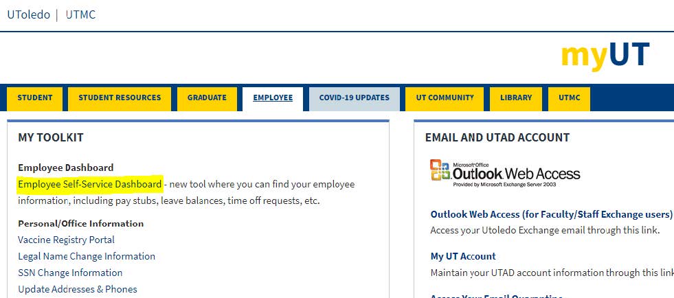 MyUT Portal Snip of Employee Dashboard