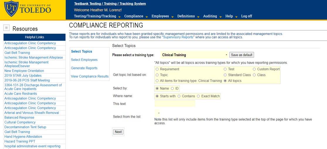 Compliance Report Screen