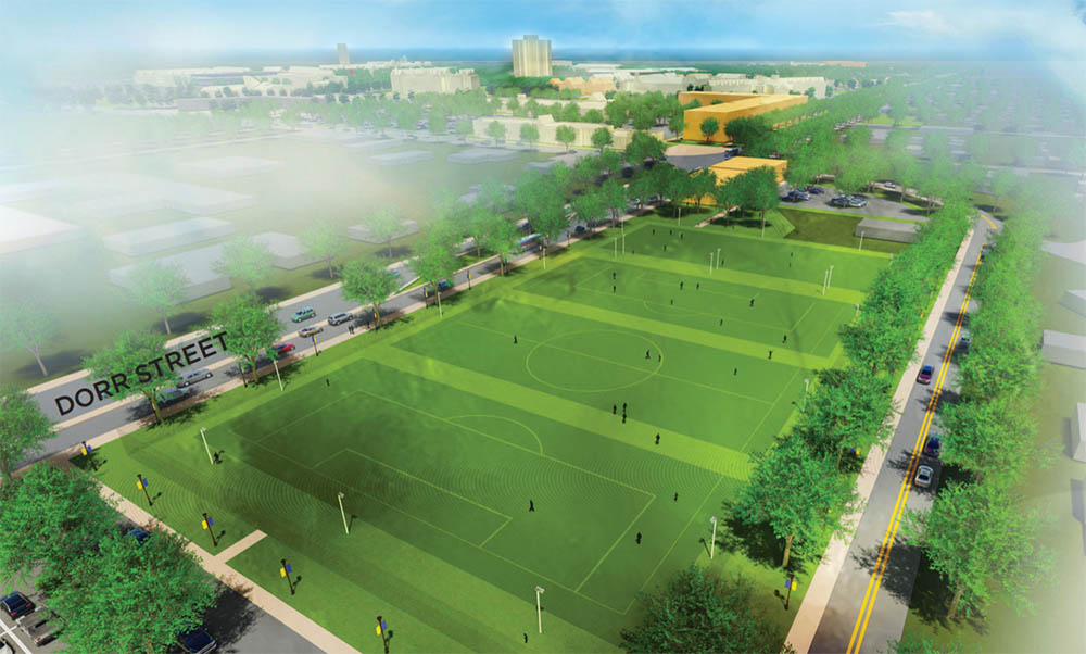 A view of a new dedicated recreational complex at Dorr Street and Secor Road, looking back toward Parks Tower.