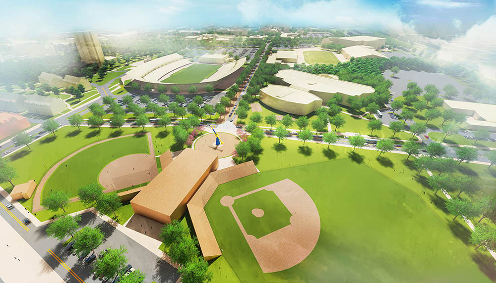A view of a new baseball and softball complex, at the south end of a consolidated athletics complex.