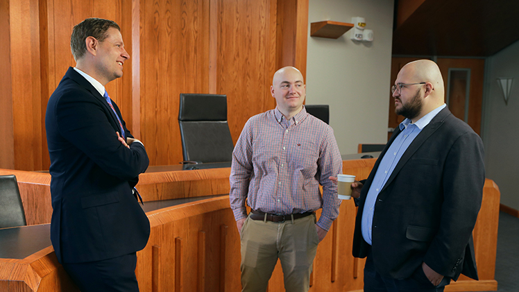Lee Strang, left, the John W. Stoepler Professor of Law and Values in the UToledo College of Law, is the director of the new UToledo Institute of Constitutional Thought and Leadership.