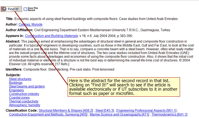 Here is the abstract for the second record in that list.  Clicking on �Find It!� will search to see if the article is available electronically or if UT subscribes to it in another format such as paper or microfilm.