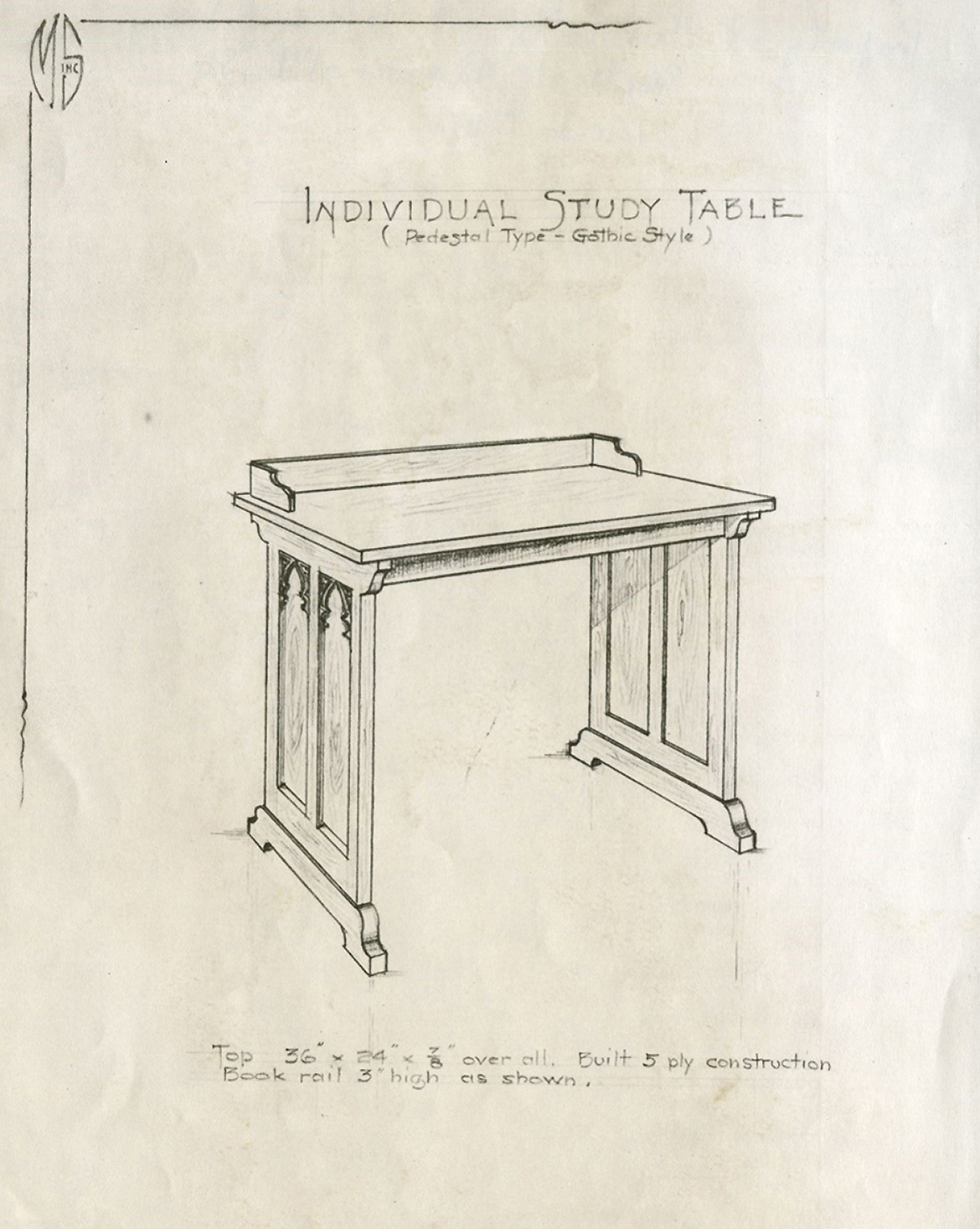 Individual Study Table (Pedestal Style - Gothic Style), drawing