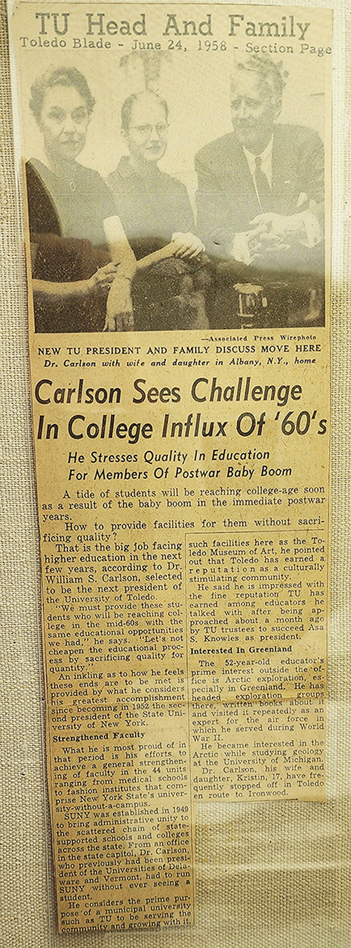 Toledo Blade Photo: TU Head and Family, Article: Carlson Sees Challenge in 1960's College Influx, June 24, 1958