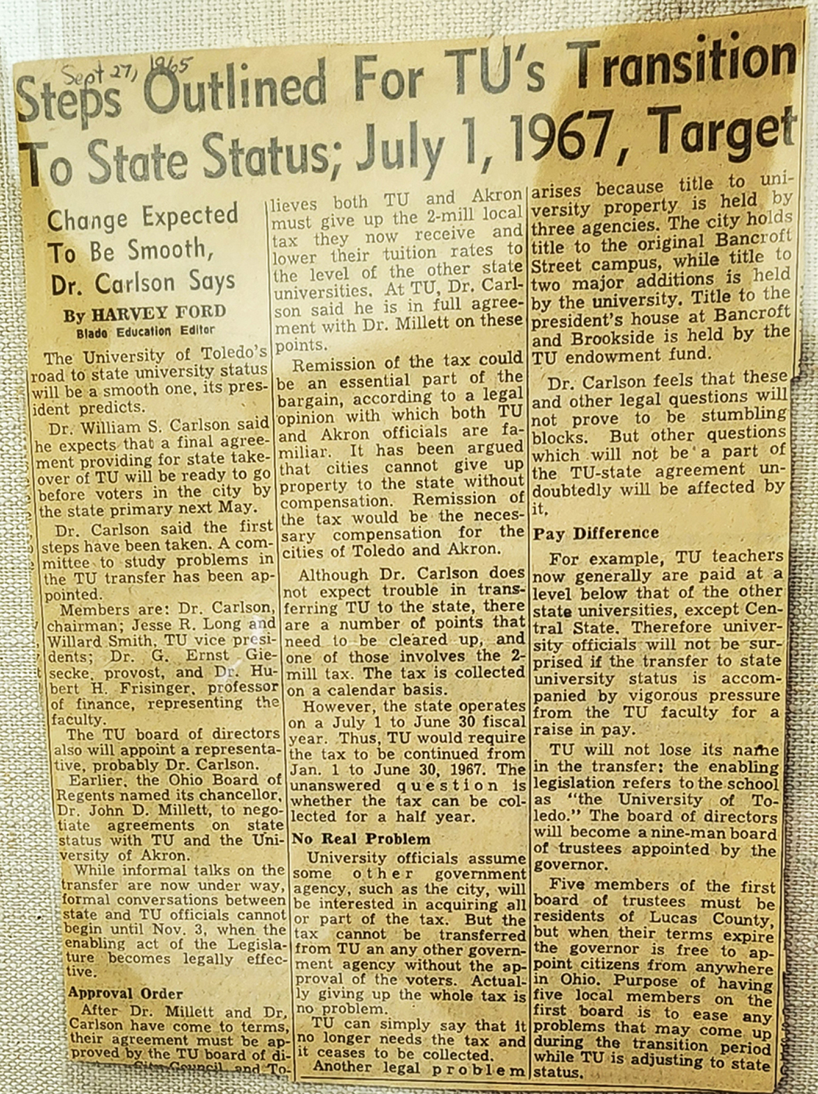 Blade Article, September 27, 1965: Steps Outlines for TU's transition to State Statusl July 1, 1967, Target