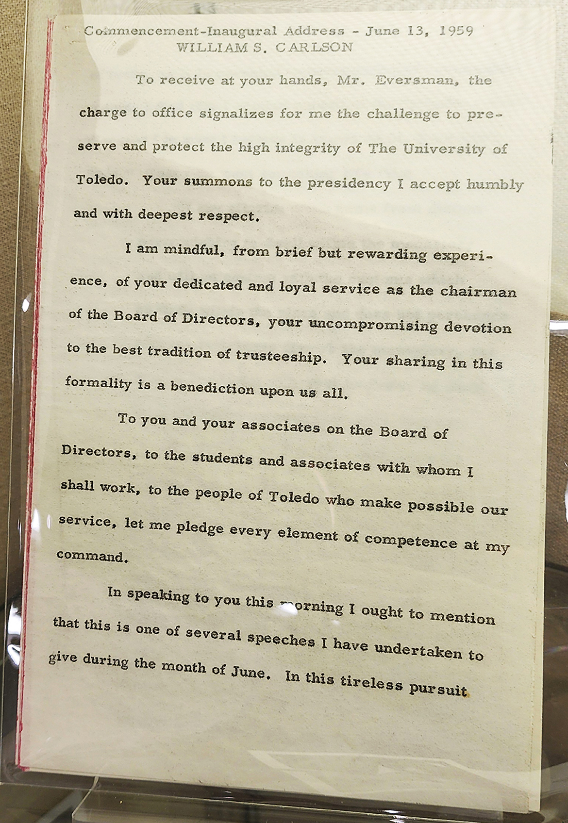 Commencement Inaugural Address - June 13, 1959, William S. Carlson