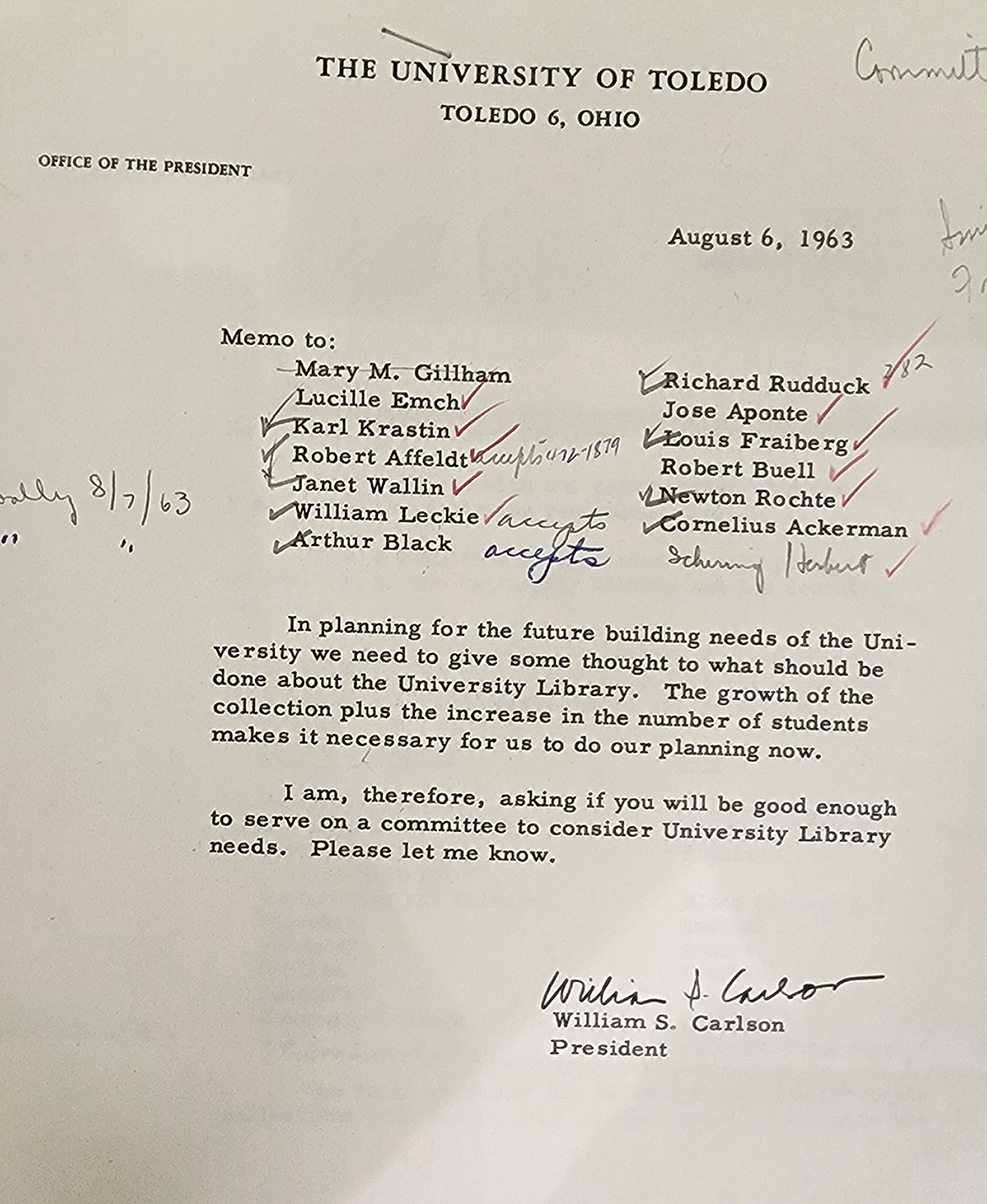 Memo to discuss University Library needs, August 6, 1963
