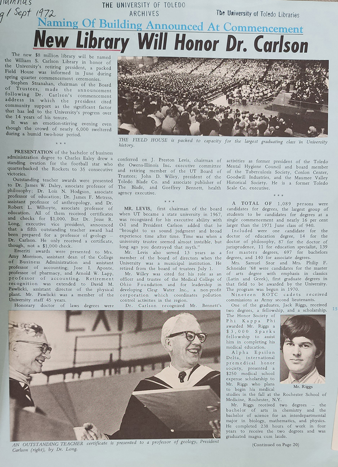 New Library Will Honor Dr. Carlson, September 1, 1972
