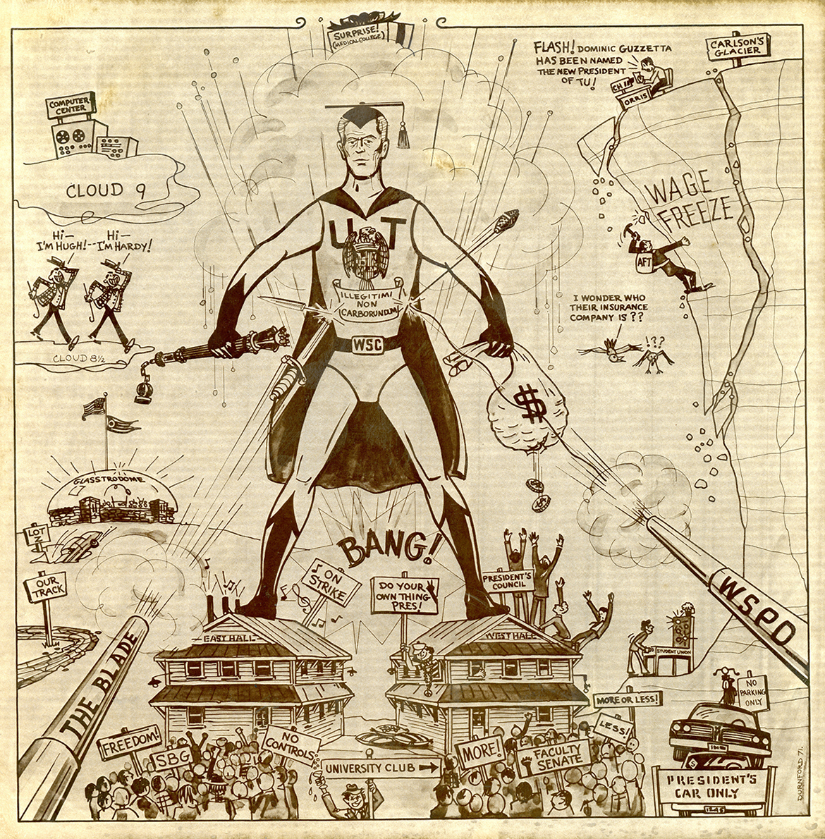 Poster depicting President Carlson's superhuman characteristics