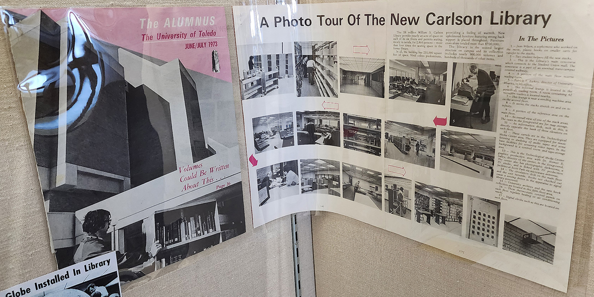 June/July issue of the Alumnus showing Carlson Libary on the cover (left). A Photo Tour of The New Calrson Library (right) 