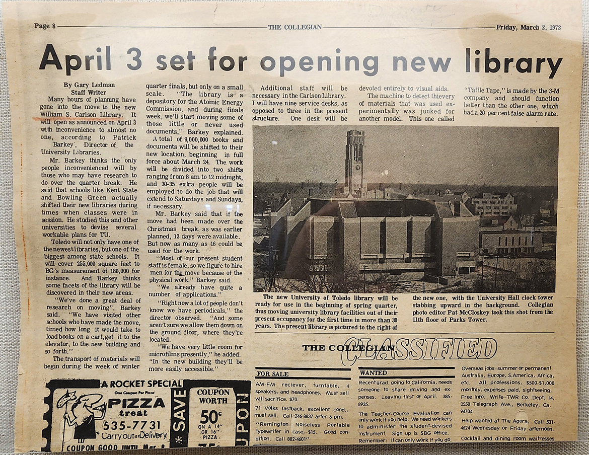 April 3 set for opening new library (Collegian article, March 2, 1973)