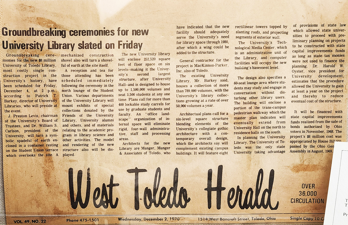 Groundbreaking ceremonies for new University Library slated on Friday (Article in the West Toledo Herald, December 2, 1970)