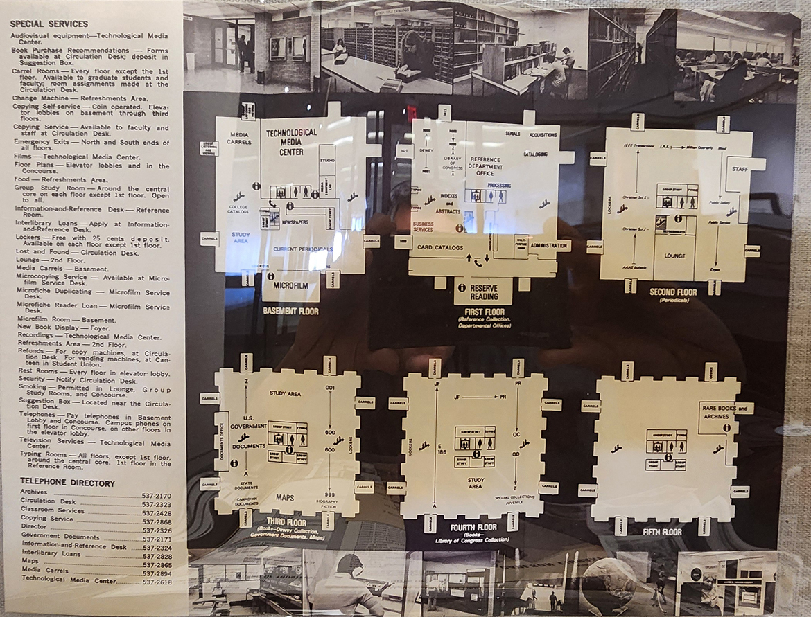 Carlson Library Guide showing floor layouts, genreral information, and phone numbers