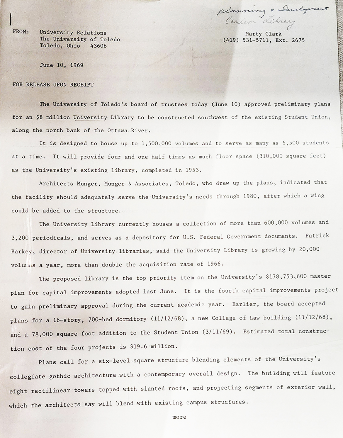Press release about the approval of funds for new library consturction, June 10, 1969