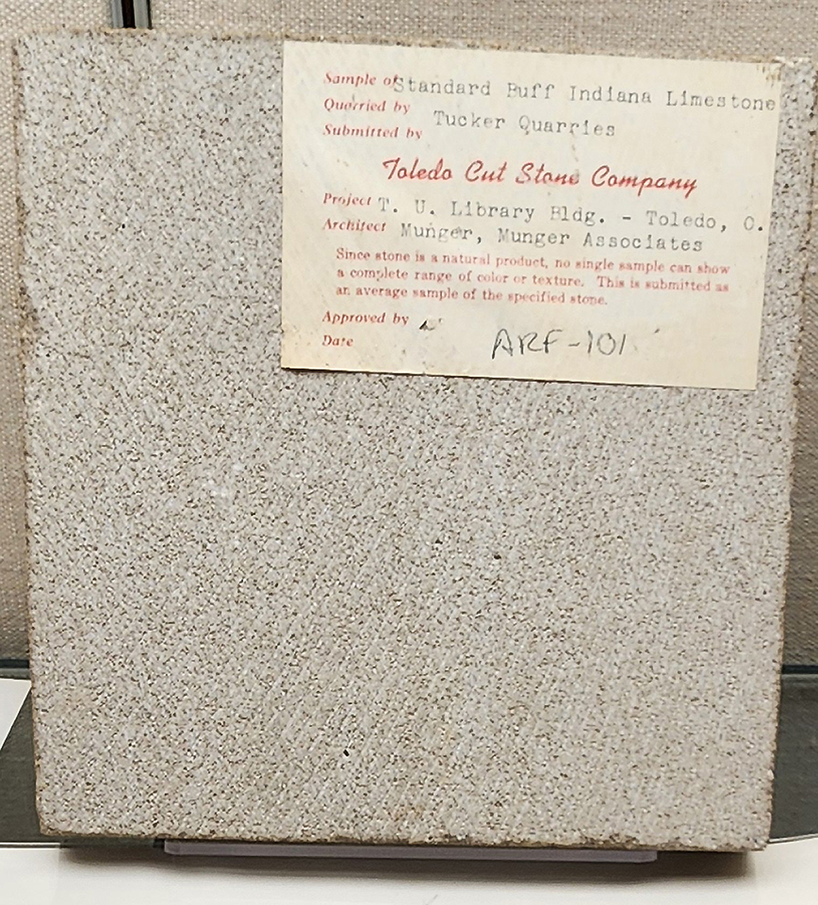 A sample of standard buff Indiana limestone used in the construction of the new library building