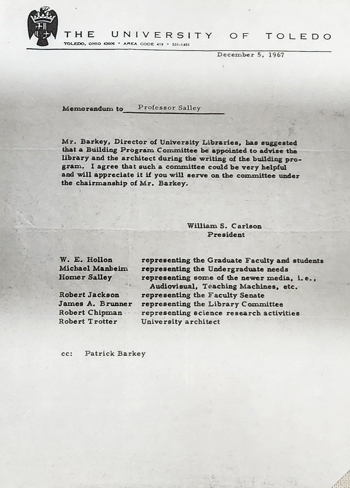 Memorandum to Professor Salley, December 5, 1967
