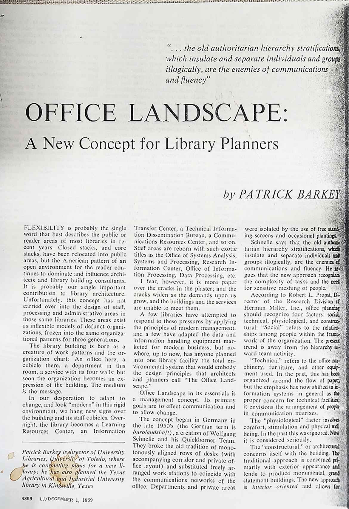 Office Landscape: A New Concept for Library Planners (by Patick Barkey)