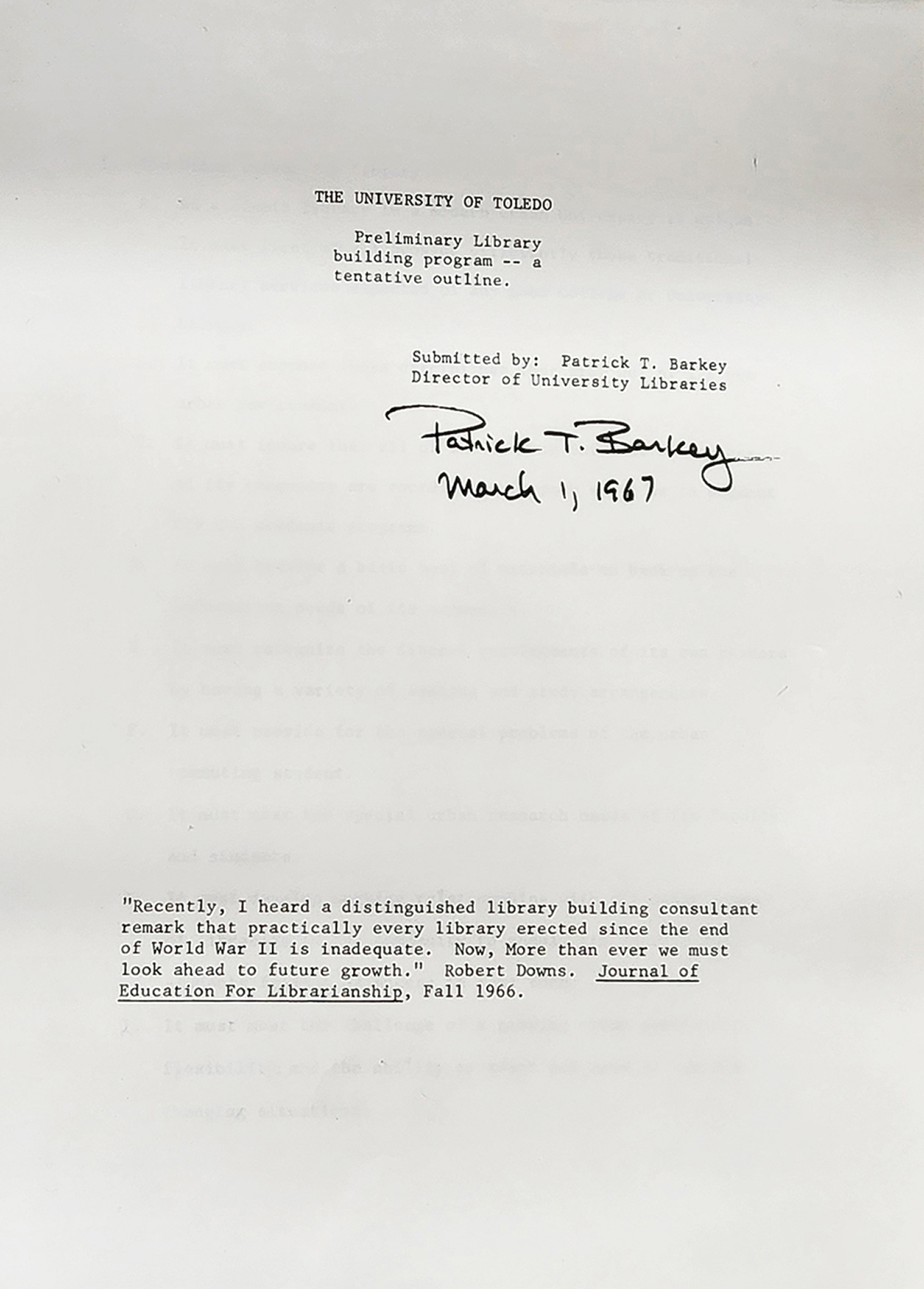 Preliminary Library building program – a tentative outline (1967)