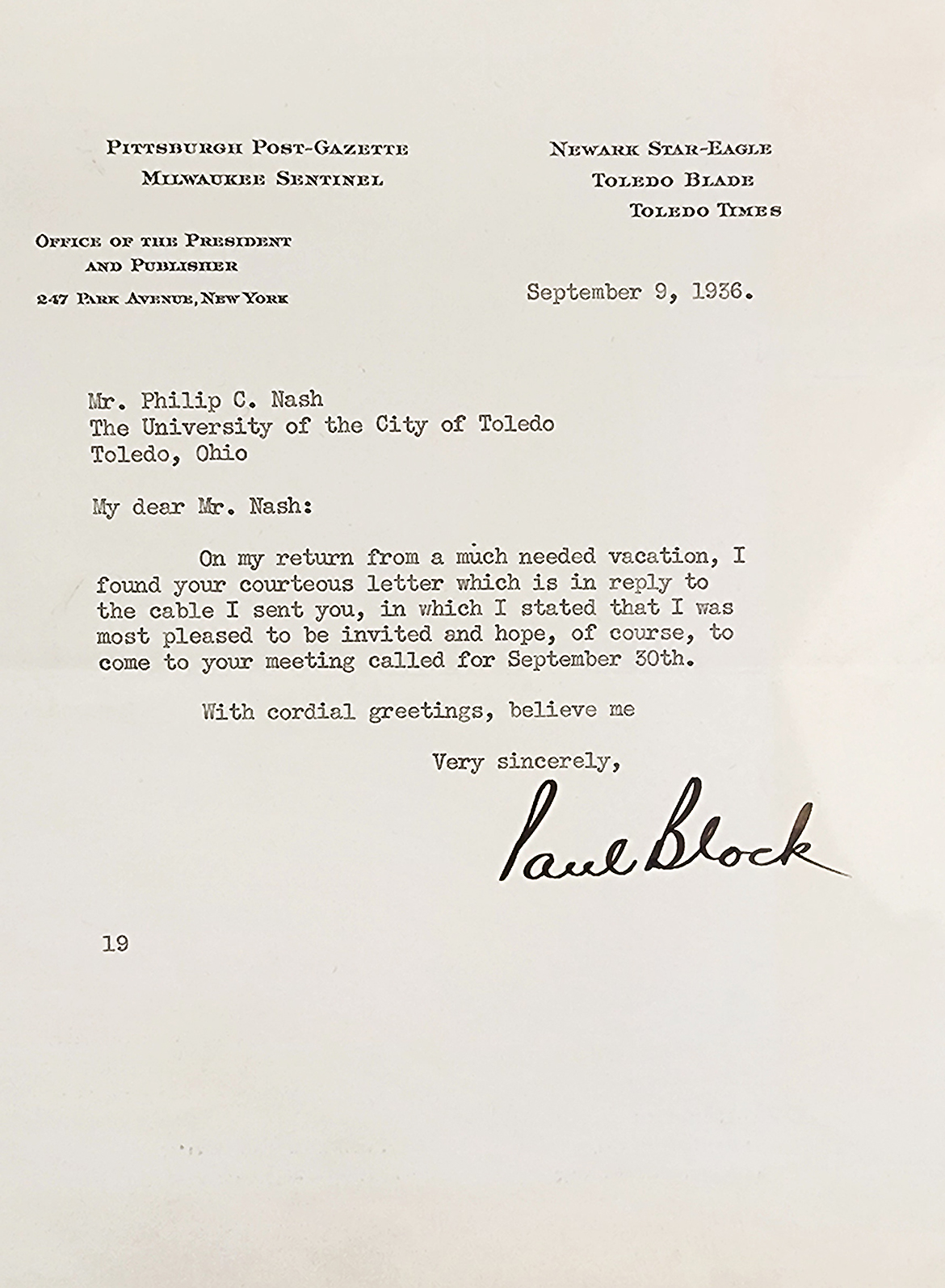 Letter from Paul Block to President Nash, September 9, 1936