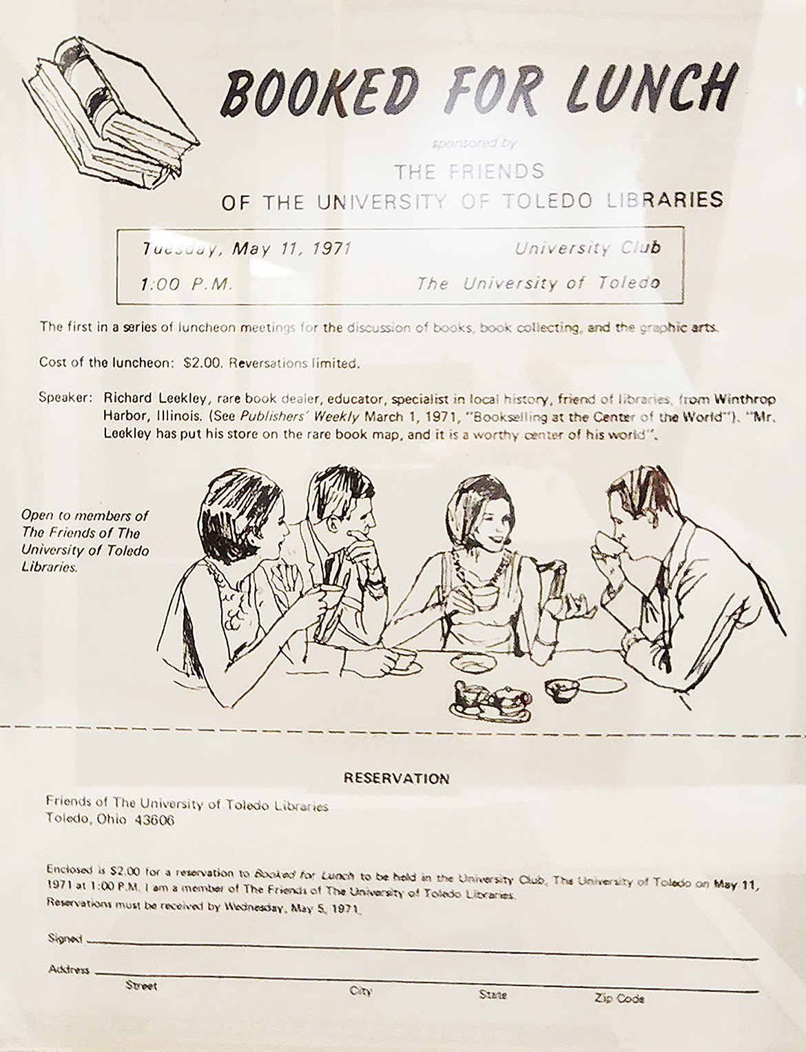 Reservation form for the Friends of the university of Toledo Library luncheon series, May 11, 1971