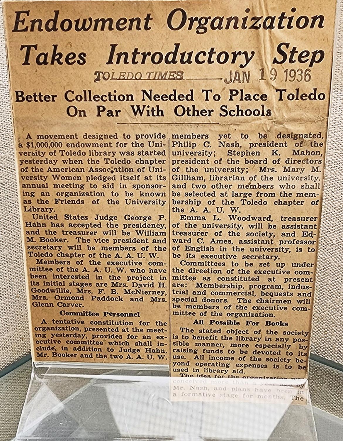 Endowment Organization Takes Introductory Step. Toledo Times article, January 19, 1936