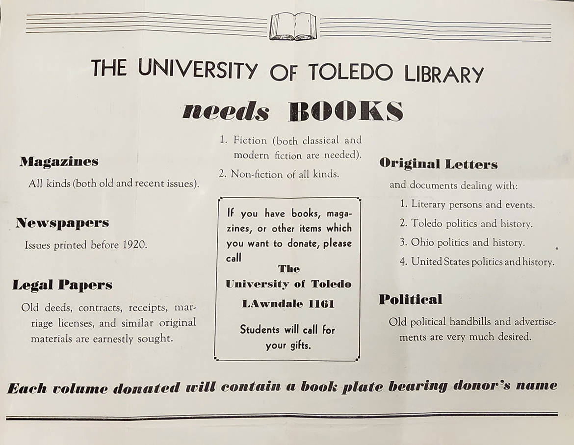 The University of Toleod Library needs Books (book drive poster)
