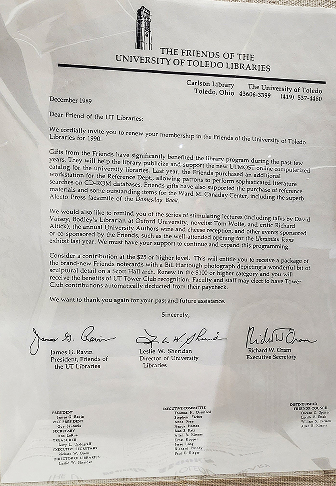 Friends of the UT Libraries Membership Letter, December 1989