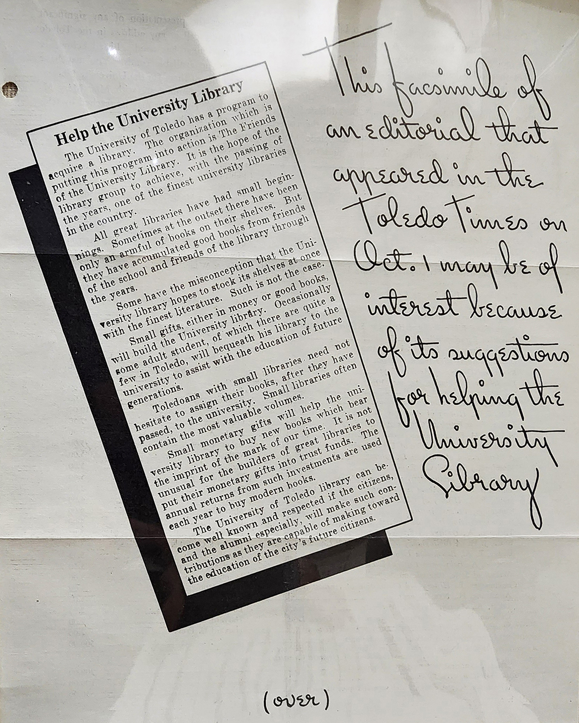 Help the University Library, Facsimile of Toledo Times Editorial on October 1 [1938]