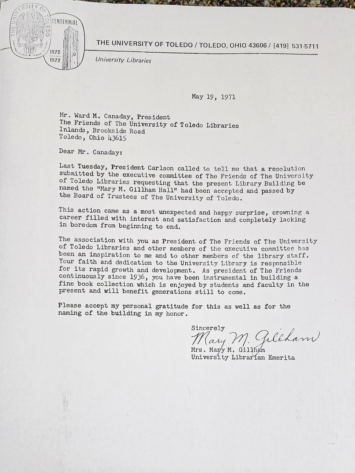 Letter from Mary Gillham to Ward M. Canaday, May 19, 1971