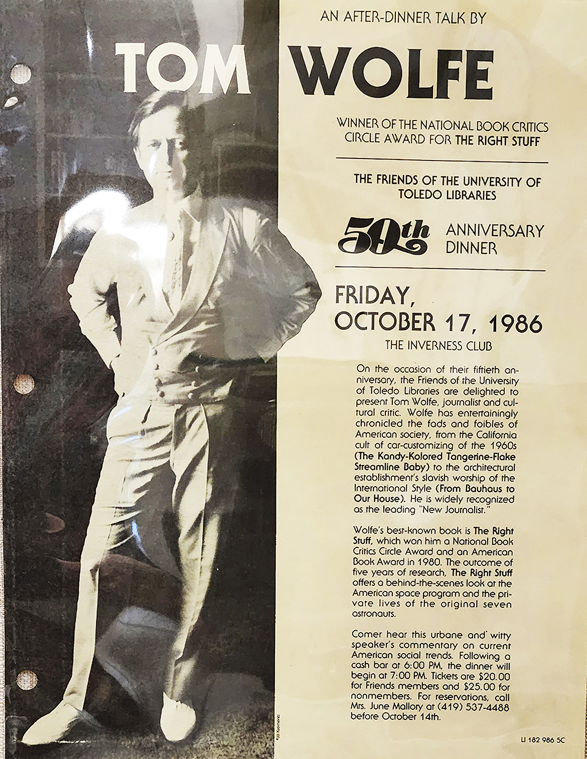 Flyer announcing the 50th anniversay dinner of The Friends of The University of Toledo Libraries, featuring Tom Wolfe, October 17, 1986