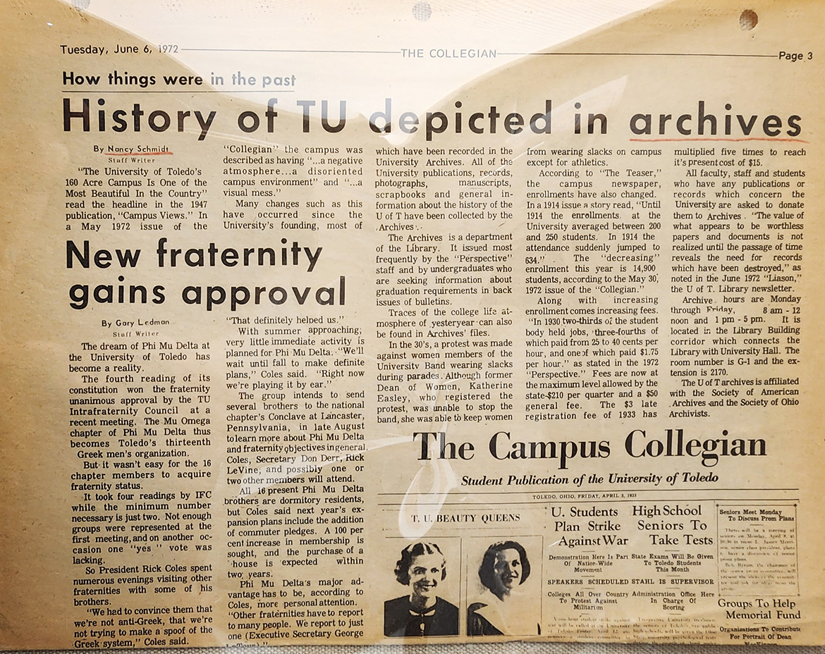 History of TU depicted in archives. Collegian article, June 6, 1972