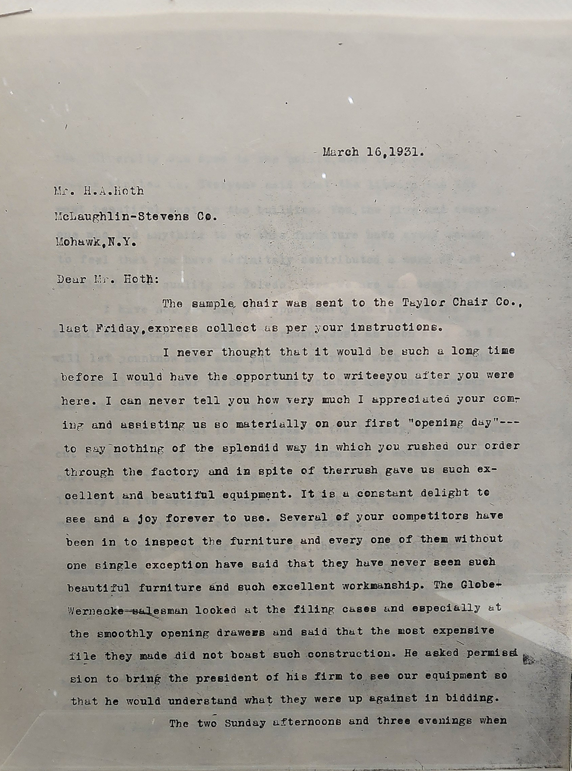 Letter to McLaughlin-Stevens Co. regarding library furniture, March 16, 1931