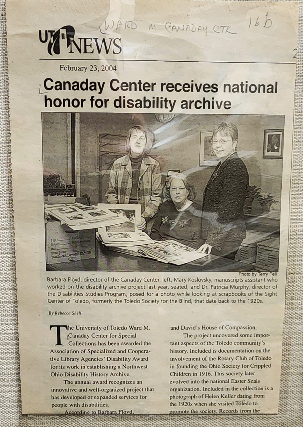 Canaday Center receives national honor for disability archive (UT News, February 23, 2004)