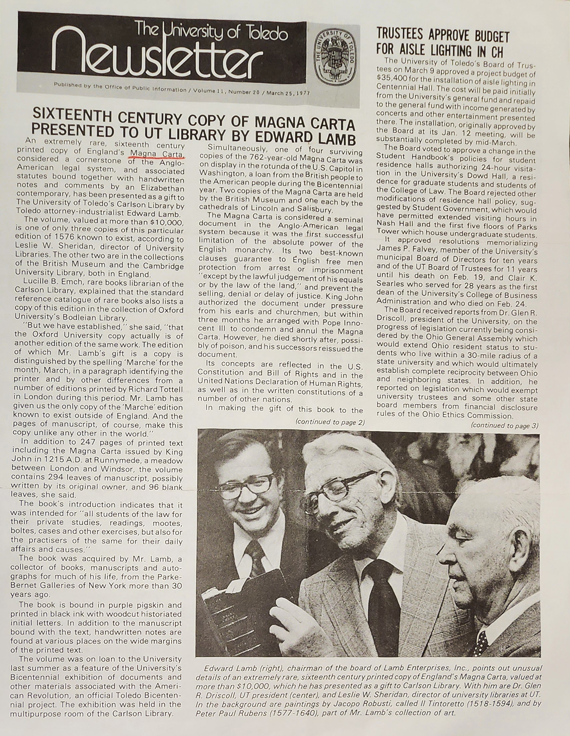 Sixteenth Century Copy of Magna Carta Presented to UT Library by Edward Lamb (The University of Toledo Newsletter, March 25, 1977)