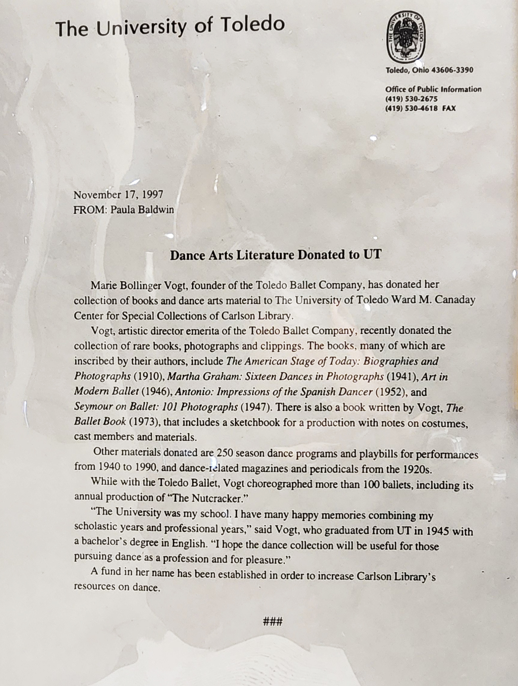 Press release: Dance Arts Literature Donated to UT (November 17, 1997)