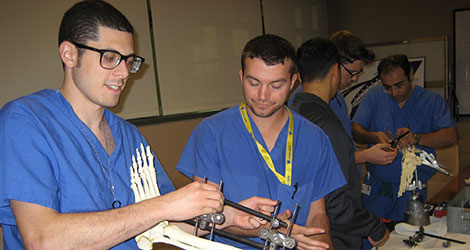 residents working in lab on leg bone
