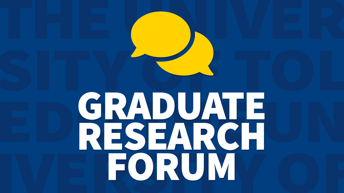 Text: Graduate Research Forum, on a blue background with a yellow conversation bubbles icon.
