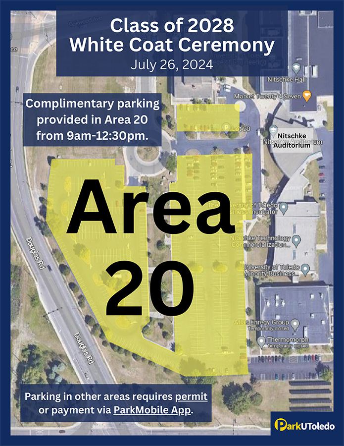 Map of parking Area 20 outside of Nitschke Auditorium showing where to park.