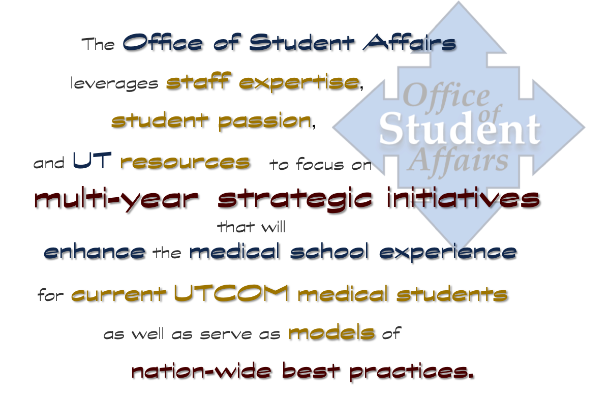 The Office of Student Affairs leverages staff expertise, student passion and UT resources to focus on multi-year, strategic initiatives that will enhance the medical school experience for current students as well as serve as models for nation-wide best practices.