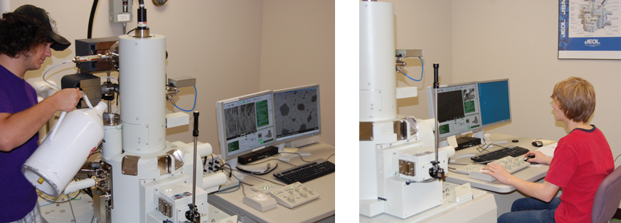 Outreach student cooling down the SEM before use (left); 9th grader using SEM to investigate diatoms as part of a science fair project (right)