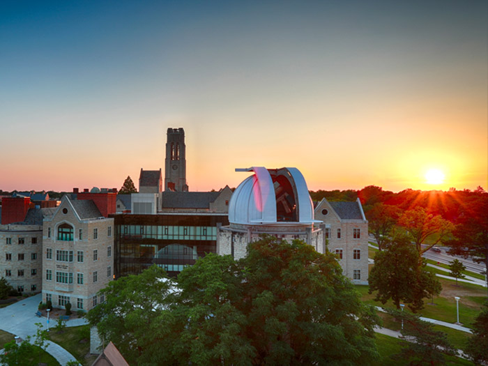 University skyline at sunset